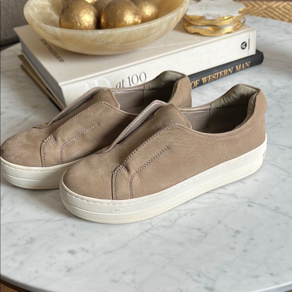 J Slides Tan and White Slip-On Sneakers
